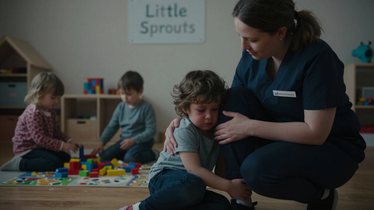 A child clinging to their parent at nursery drop-off while a caregiver offers comfort.
