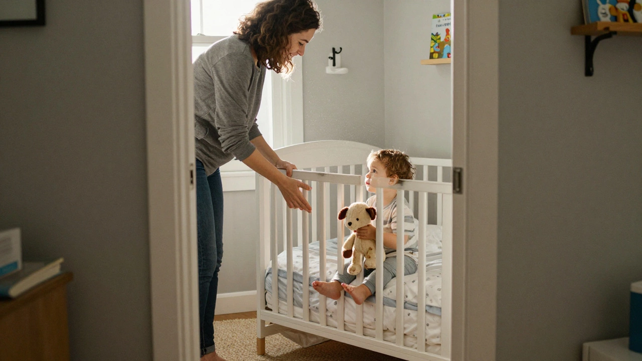 A child looking from their crib to a toddler bed with a parent smiling in the doorway.