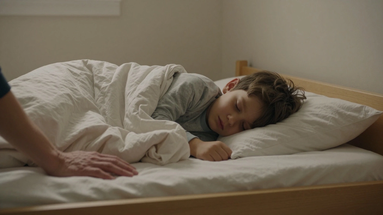 A child sleeping peacefully on a floor bed in a quiet, safe bedroom with warm ambient light.