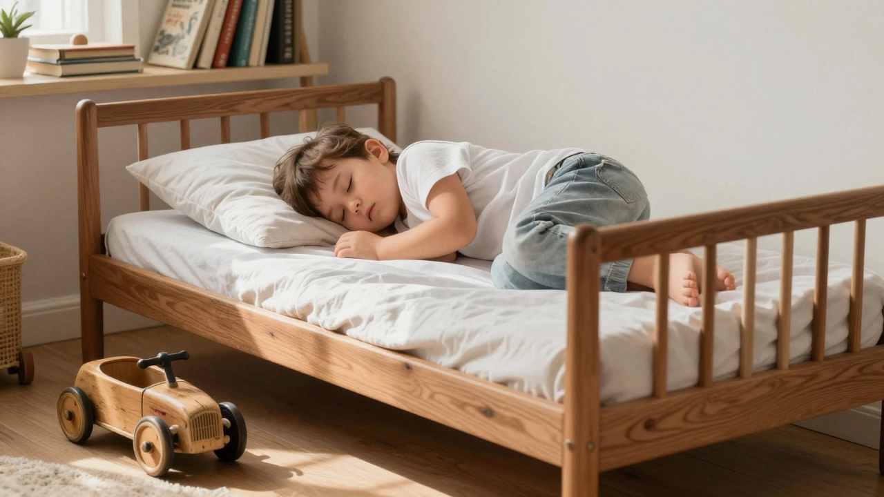 A child sleeping peacefully on a solid wood floor bed with books and toys nearby.