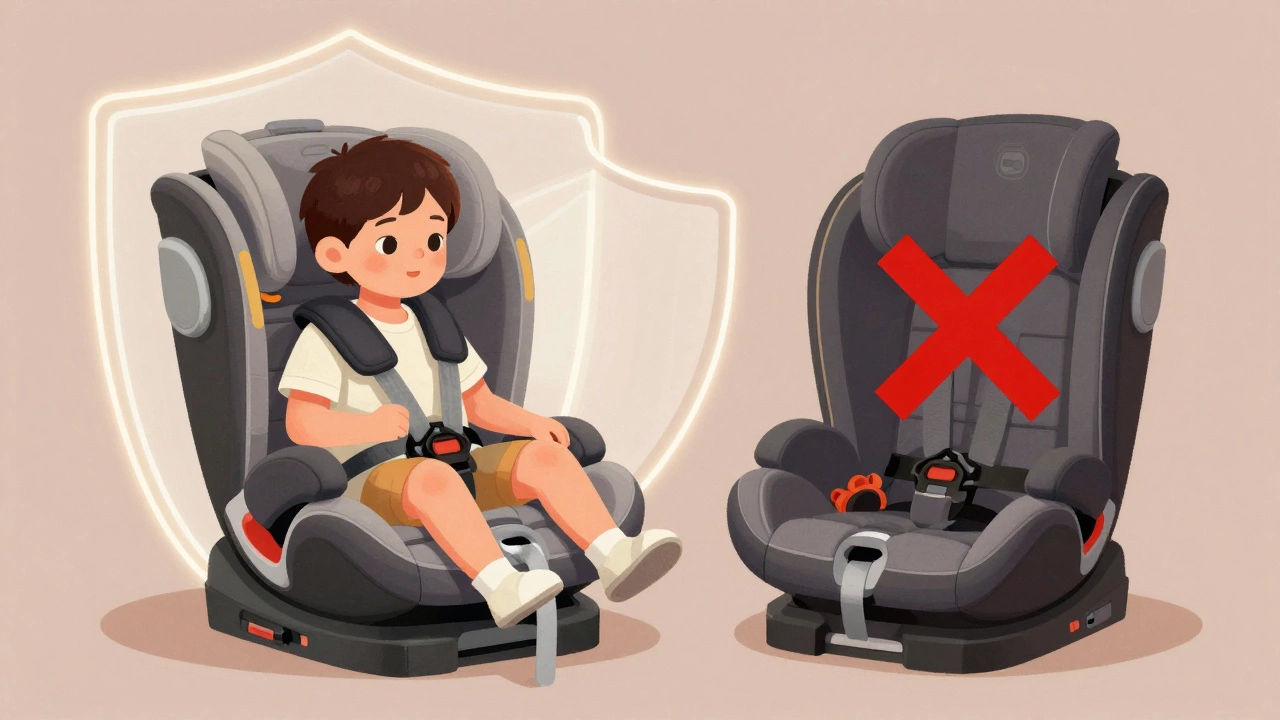 A high-back booster seat with correct seatbelt positioning beside a backless booster marked unsafe, showing ideal belt placement for a child.