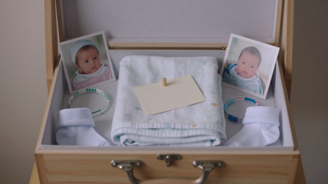 A memory box containing a hospital blanket, birth card, and baby keepsakes on a wooden shelf.