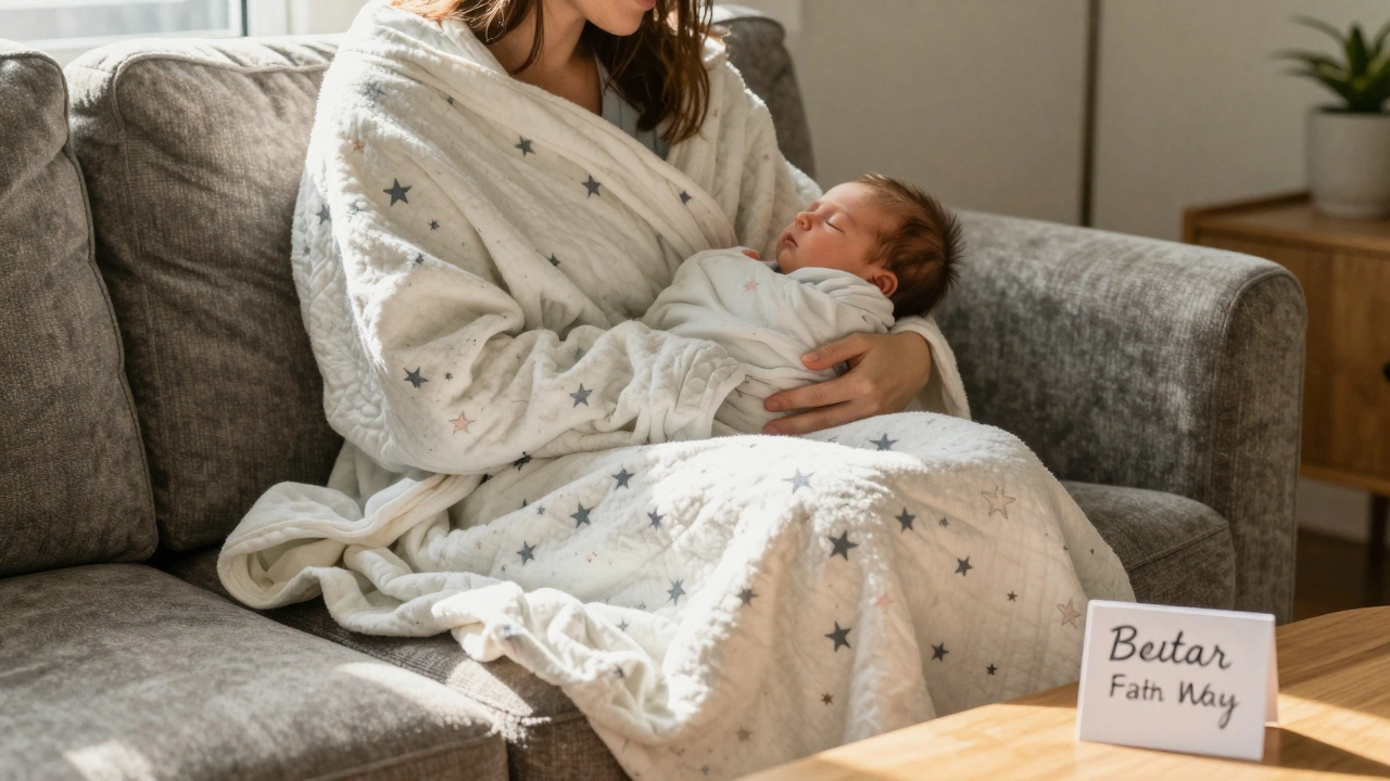 A mother nursing her baby using the hospital blanket as a cover, sunlight streaming through a window.