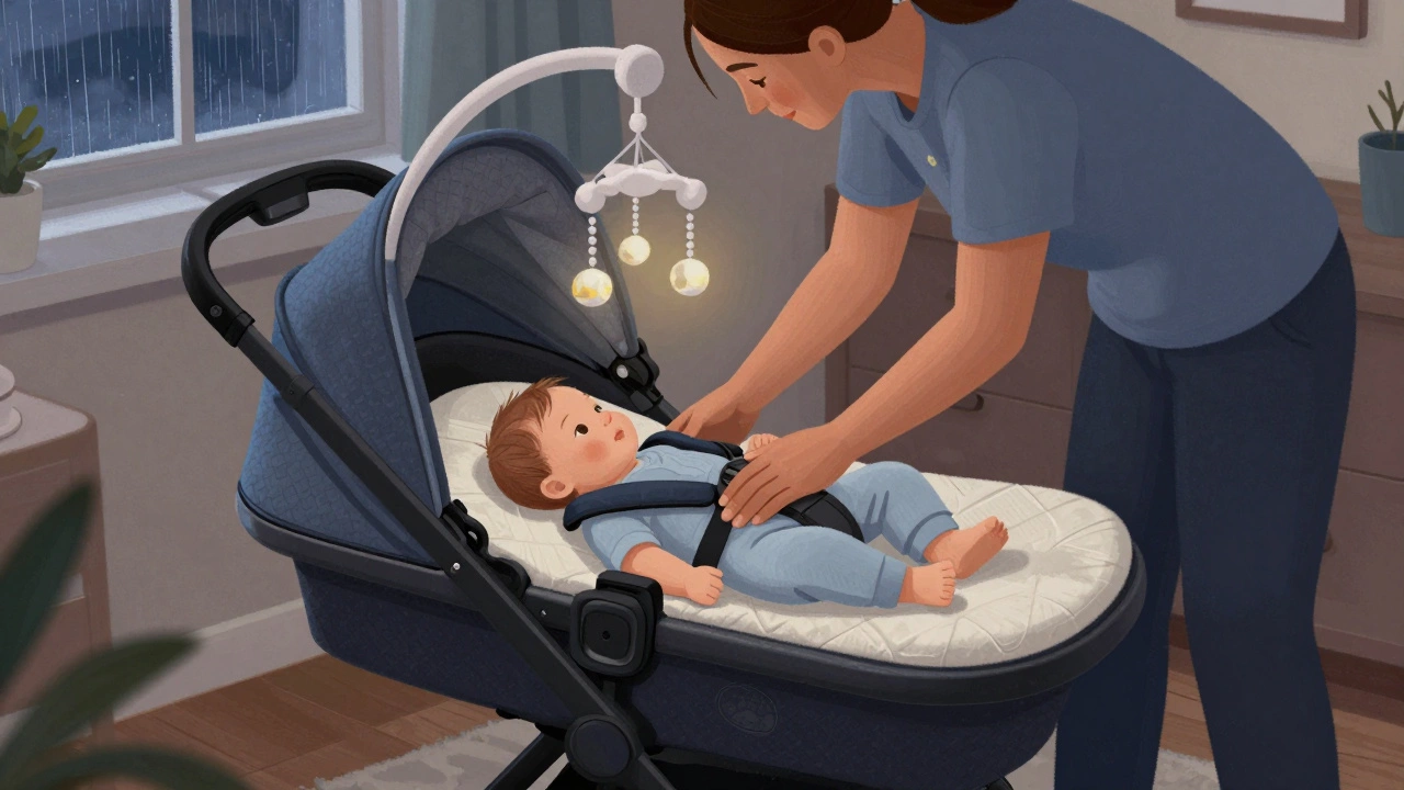 A newborn lying flat in a bassinet-style stroller at home, surrounded by soft blankets and warm light.