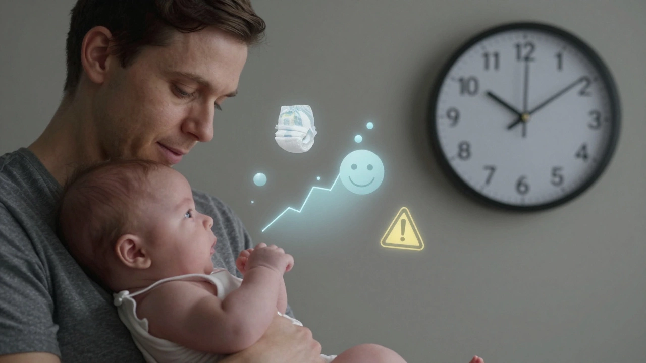 A parent cradling their baby while symbolic health indicators float nearby, representing growth cues beyond weight.