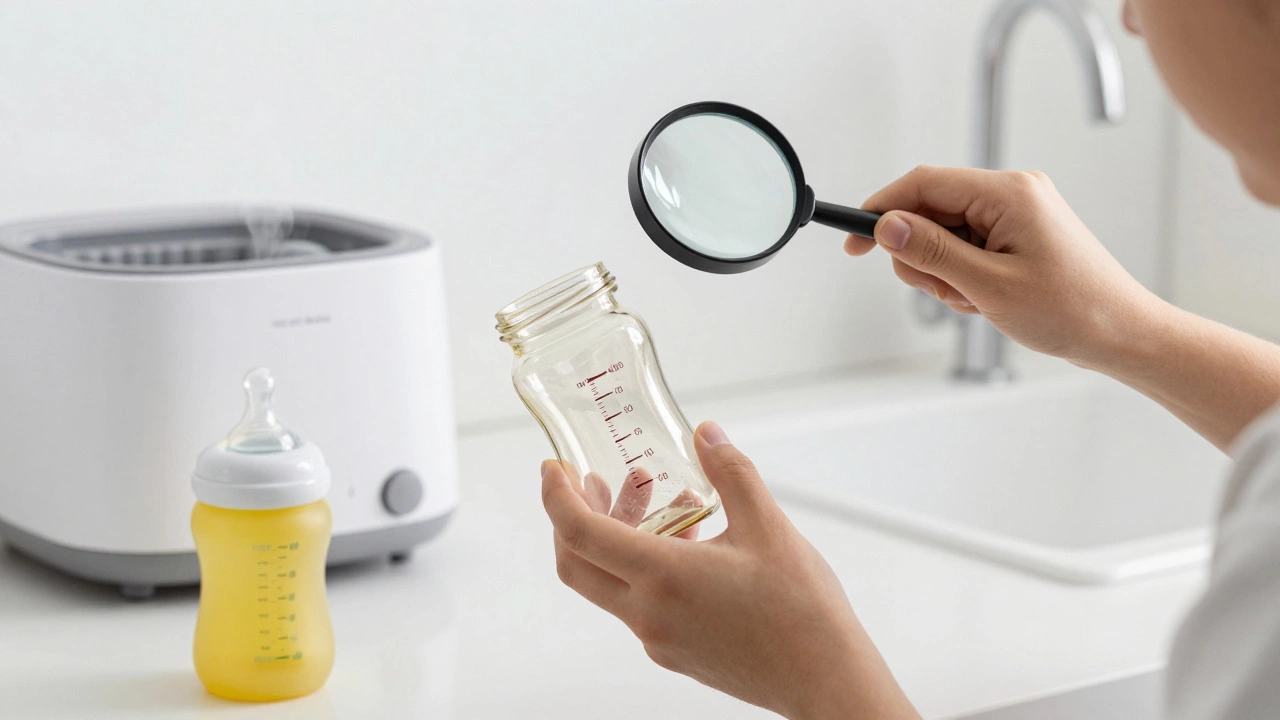 A parent examining a glass baby bottle for cracks under bright light.