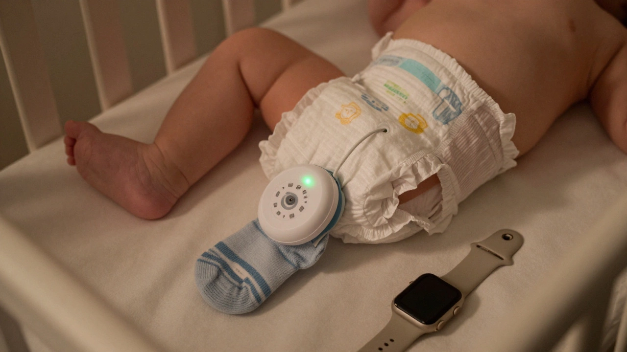 A smart sock monitor clipped to a baby's diaper, with an Apple Watch discarded on the floor beside the crib.