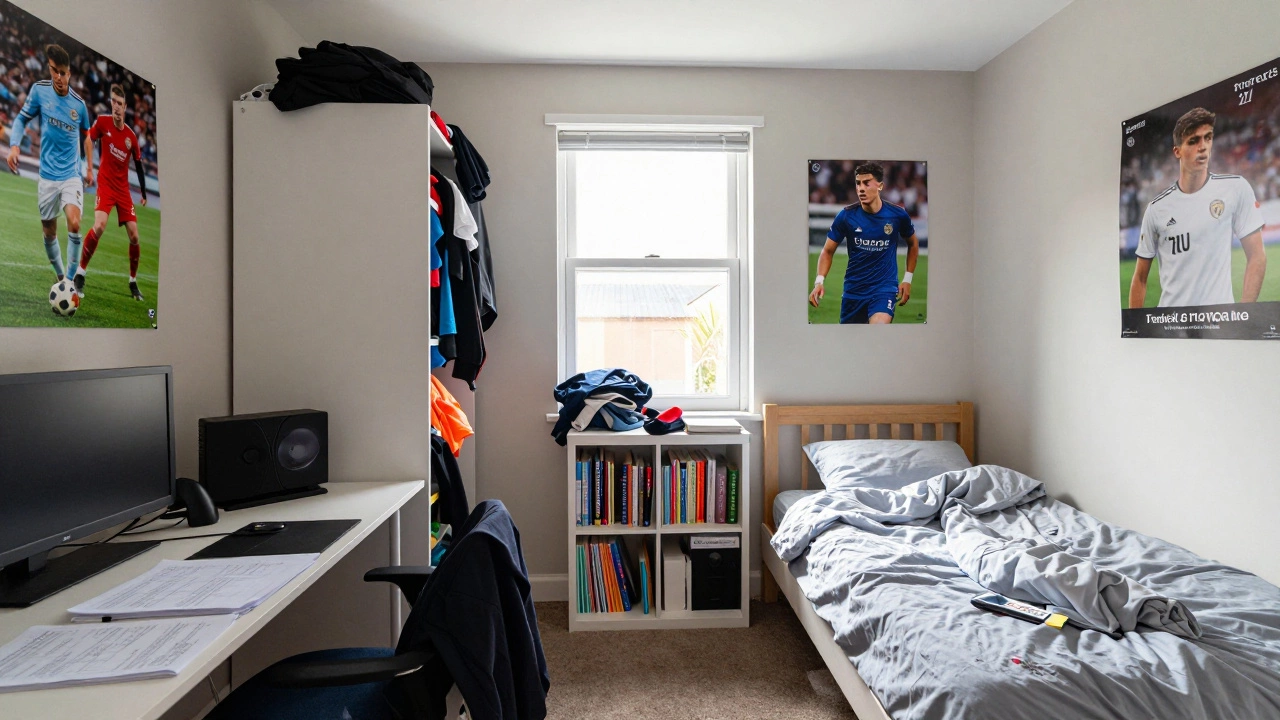 A teenager&#039;s cluttered bedroom with football posters, a desk, and a single bed in the UK.