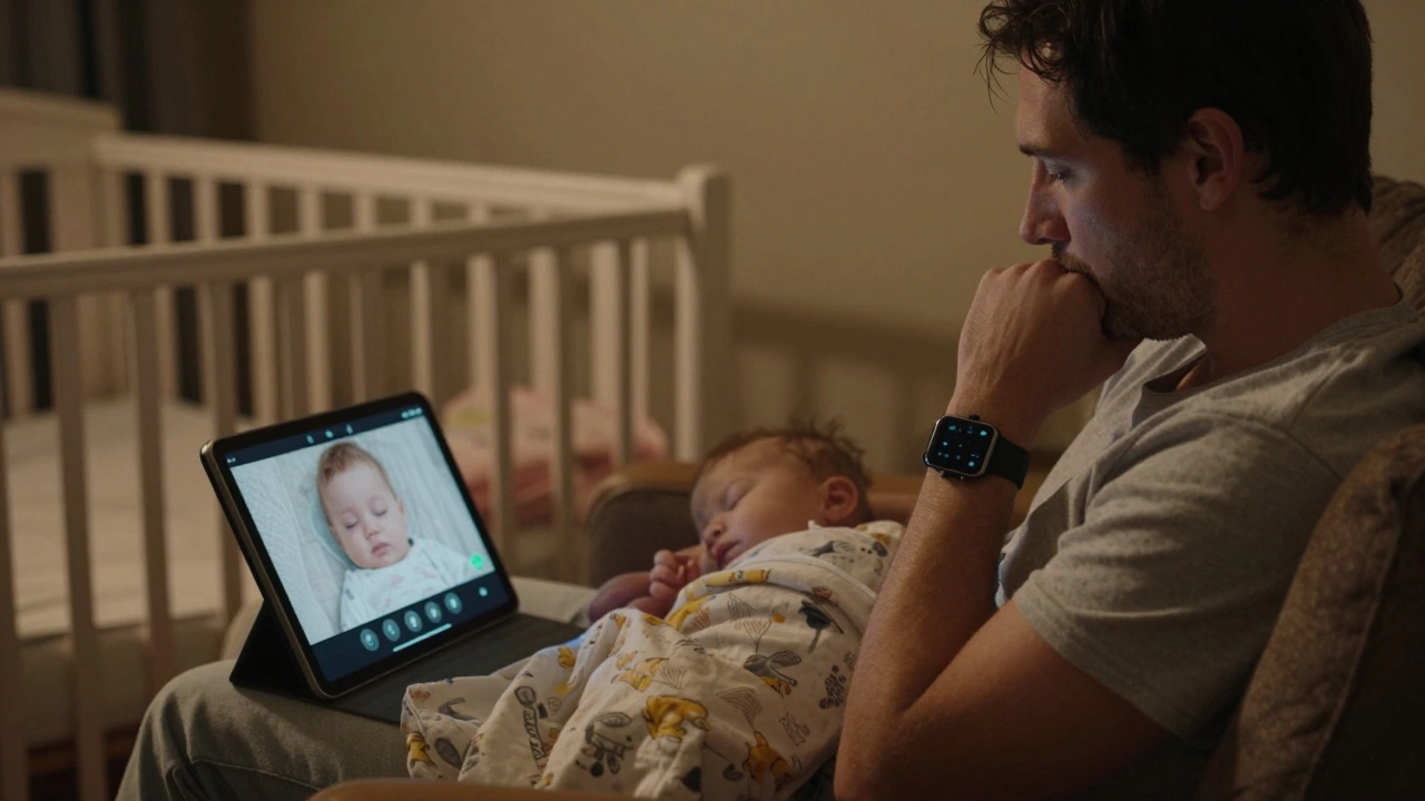A tired parent watching a baby monitor feed on a tablet, while the baby sleeps peacefully in the crib.
