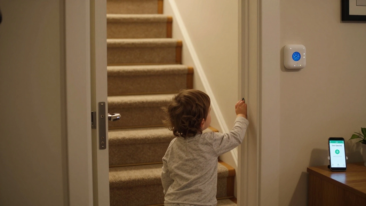 A toddler reaching for a door with a smart alarm sensor, no stair gate in sight, in a cozy British home.