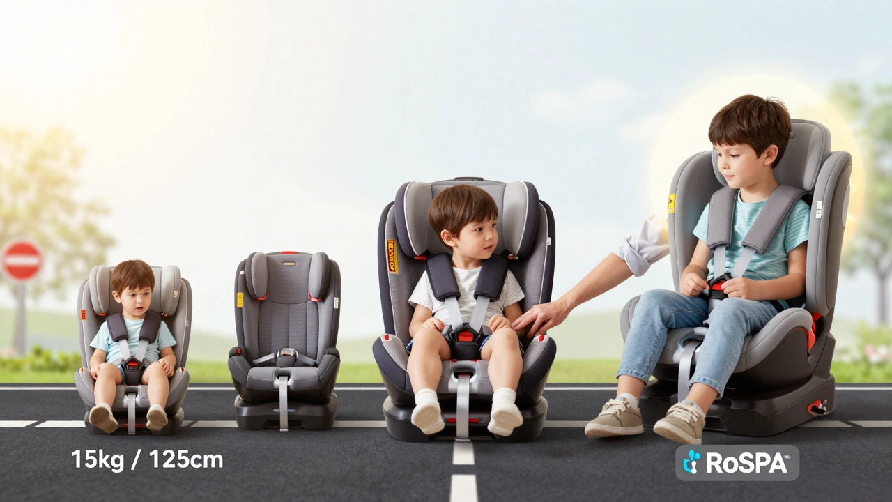 A visual timeline showing a child’s progression from harnessed seat to booster, with safety indicators and adult guidance.