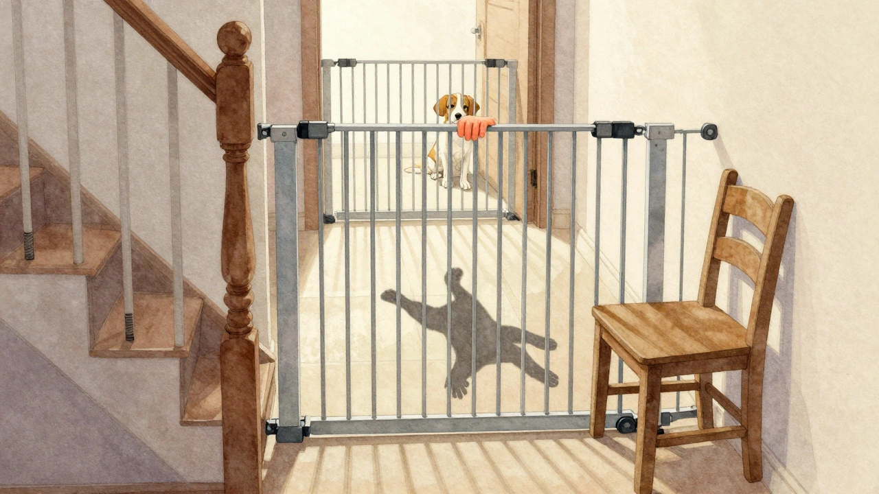 Child's hand reaching through gaps in a dog gate at the top of stairs, with a chair nearby.