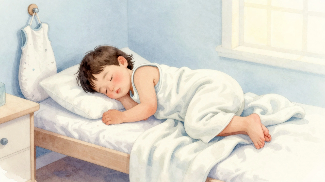 Child sleeping in a sleeveless wearable blanket with a soft blanket nearby.