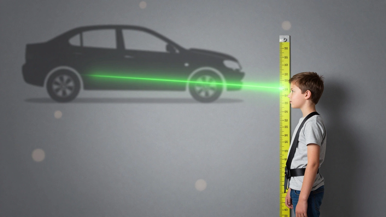 Child standing next to 135cm height marker with safety belt path glowing green