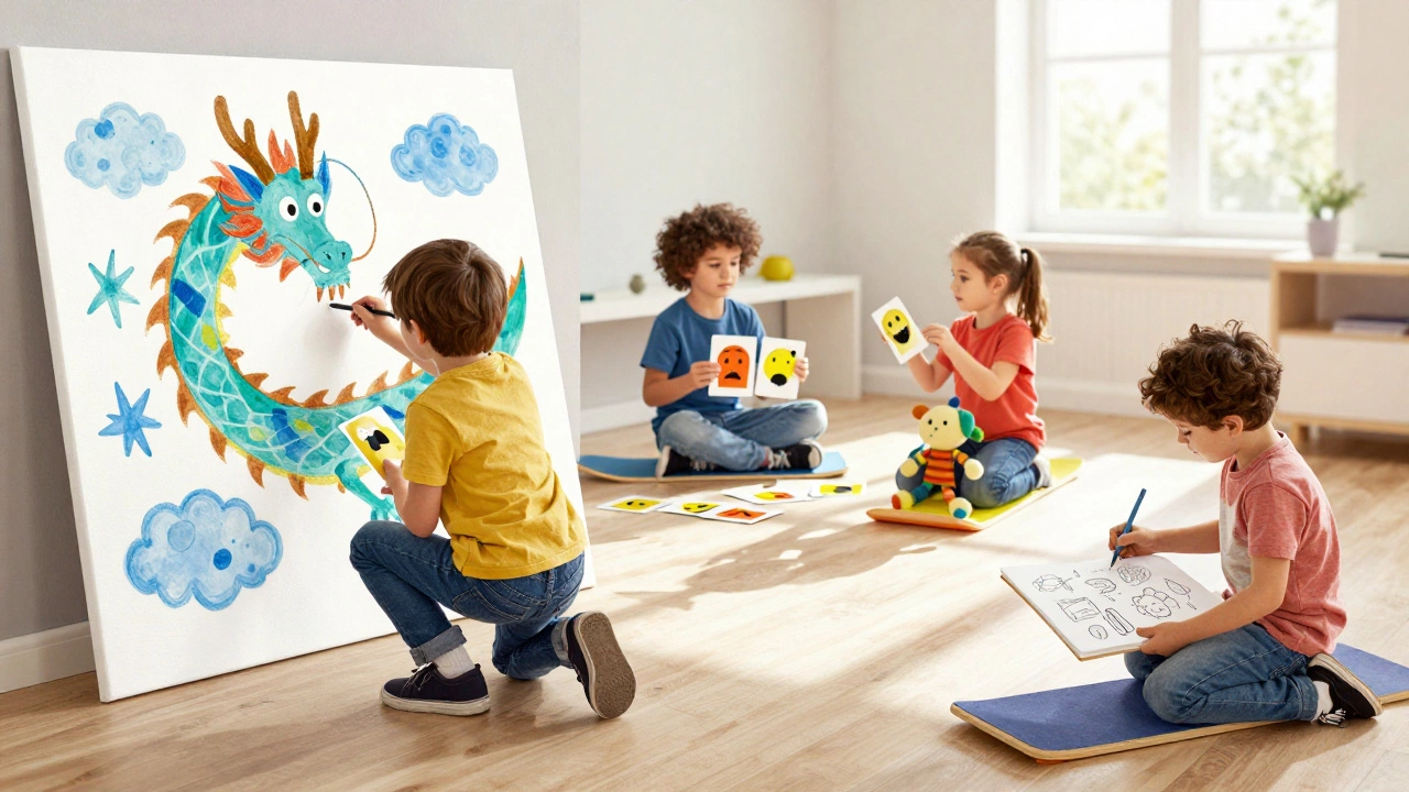 Children creatively painting, using emotion cards with puppets, and bouncing on a balance board desk.