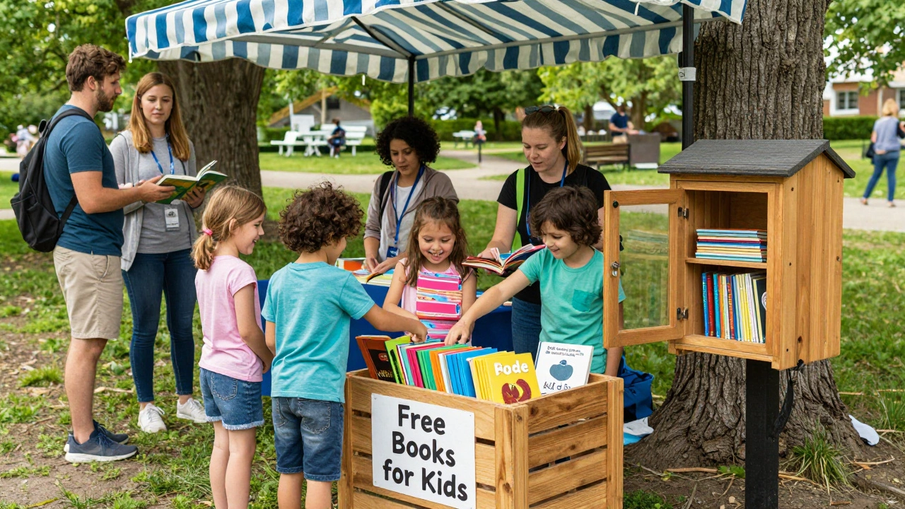 Children selecting free books from a giveaway crate in a sunny park.