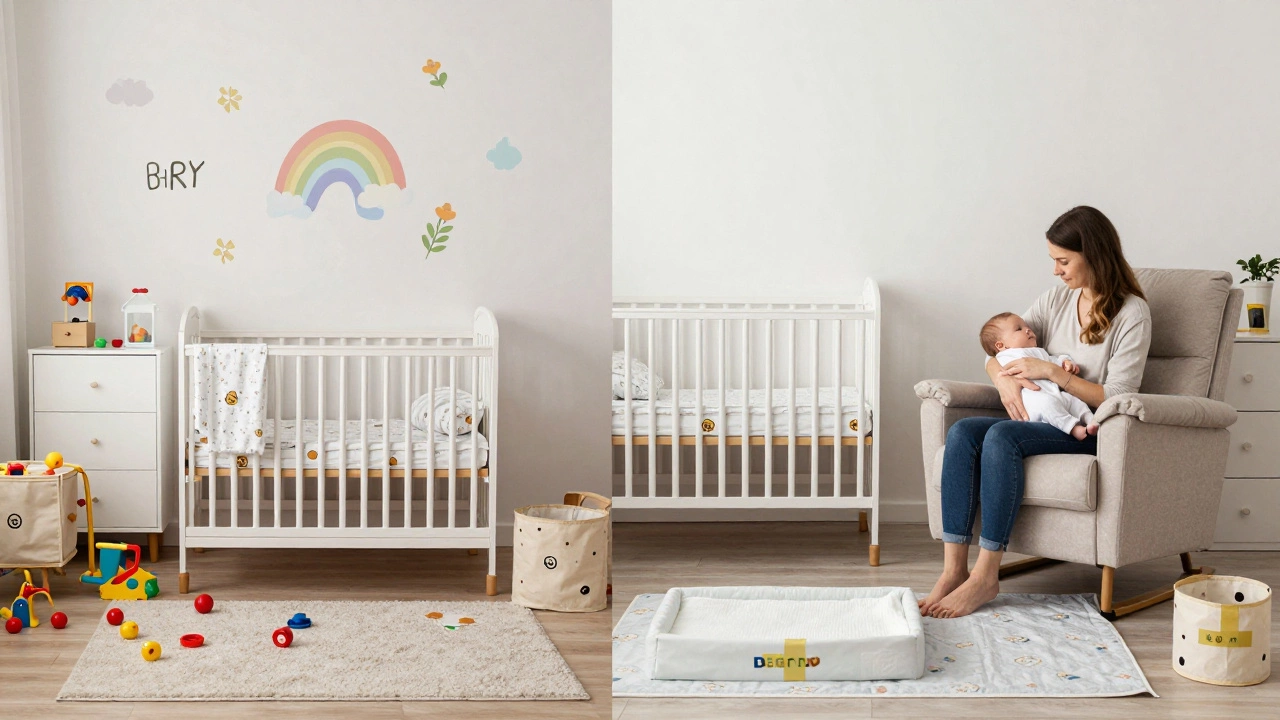 Contrast between cluttered expensive nursery and minimal budget-friendly setup.