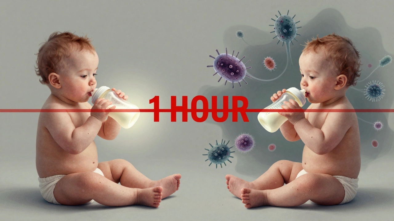 Contrasting safe and unsafe feeding: fresh bottle vs. contaminated milk with bacteria.