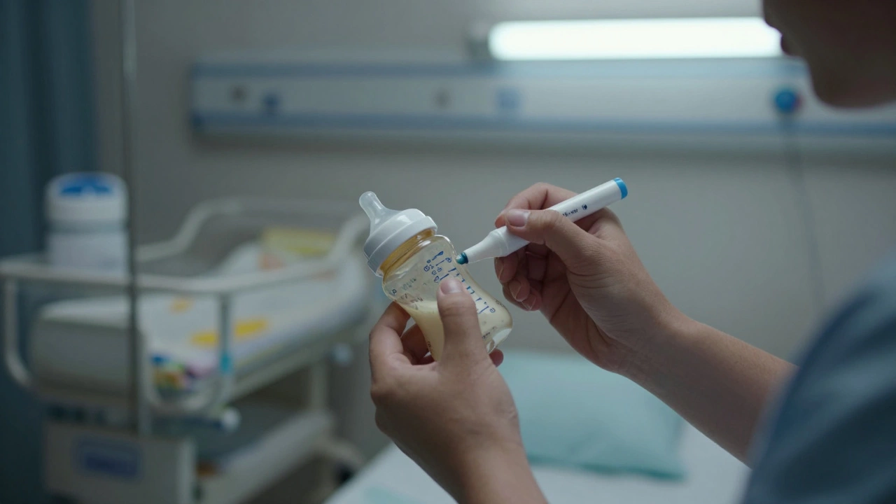 Hand labeling a baby bottle with waterproof marker, blurred hospital room in background, quiet moment.