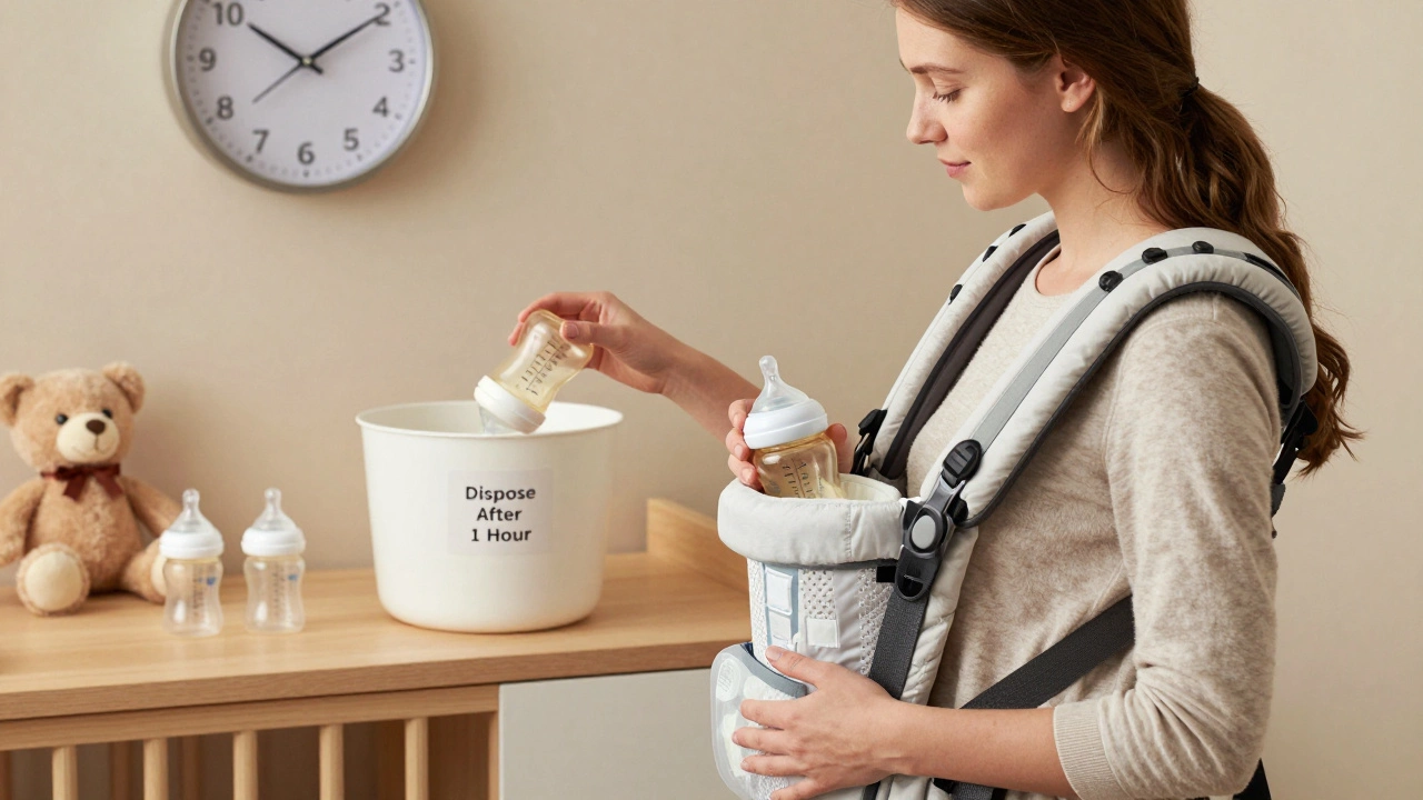 Mother storing a fresh bottle in an insulated carrier with ice packs.