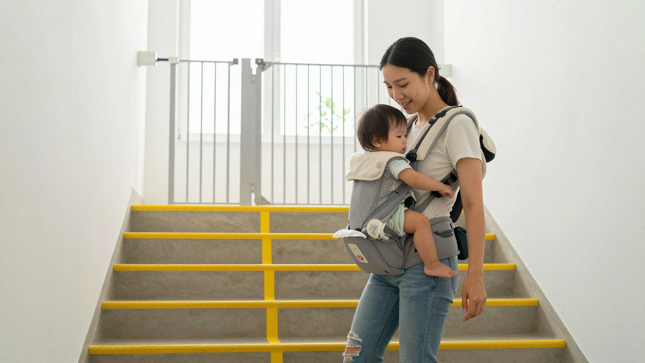 Parent carrying toddler up stairs with high-visibility tape on each step, top gate fully open and unobstructed.