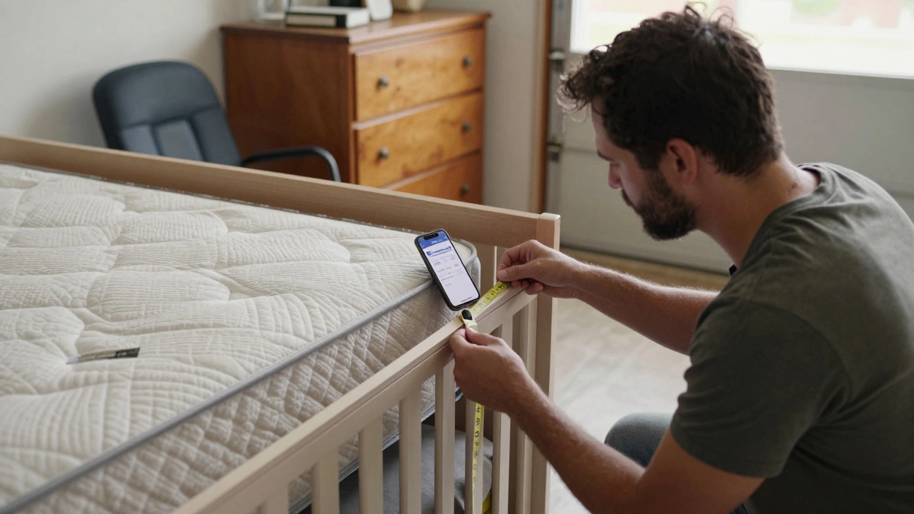 Parent checking a used crib for safety standards with measuring tape.
