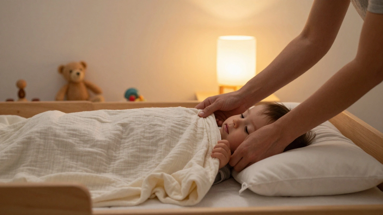 Parent tucking a lightweight blanket around a child in a toddler bed.