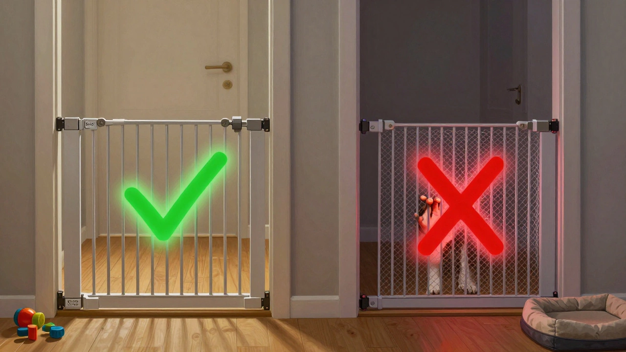 Side-by-side comparison: certified baby gate on left, unsafe dog gate on right with fingers trapped.