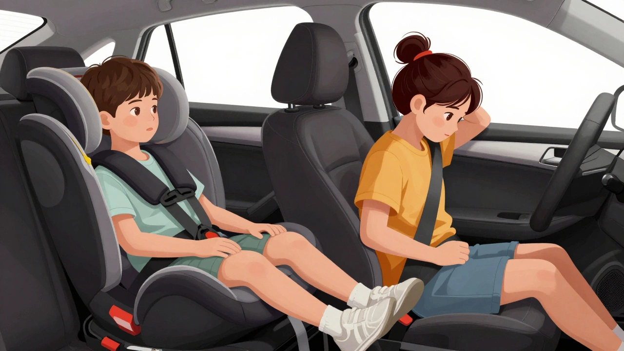 Side-by-side comparison: child safe in high-back booster vs. risky backless booster