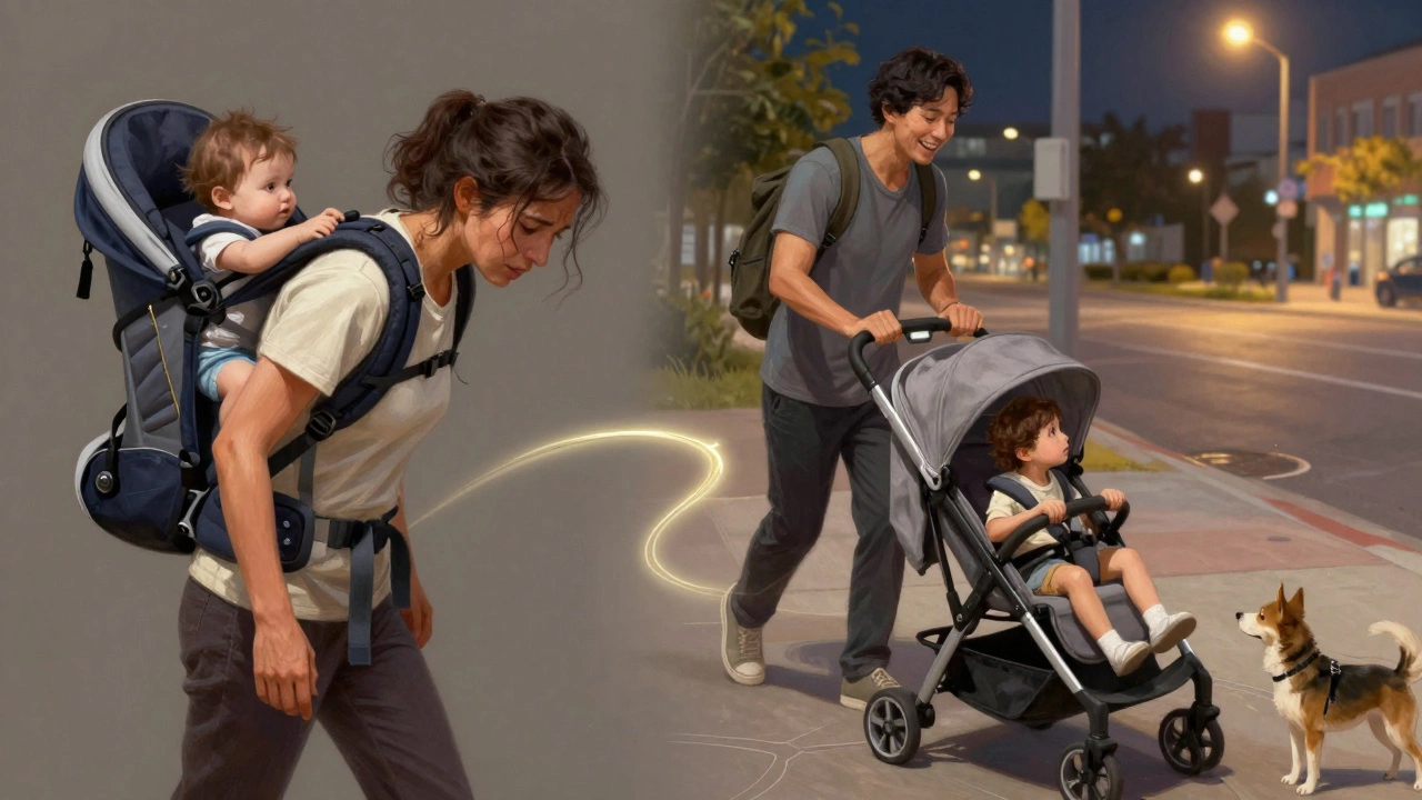 Split image: parent struggling with a baby carrier on one side, smiling while pushing a stroller on the other.