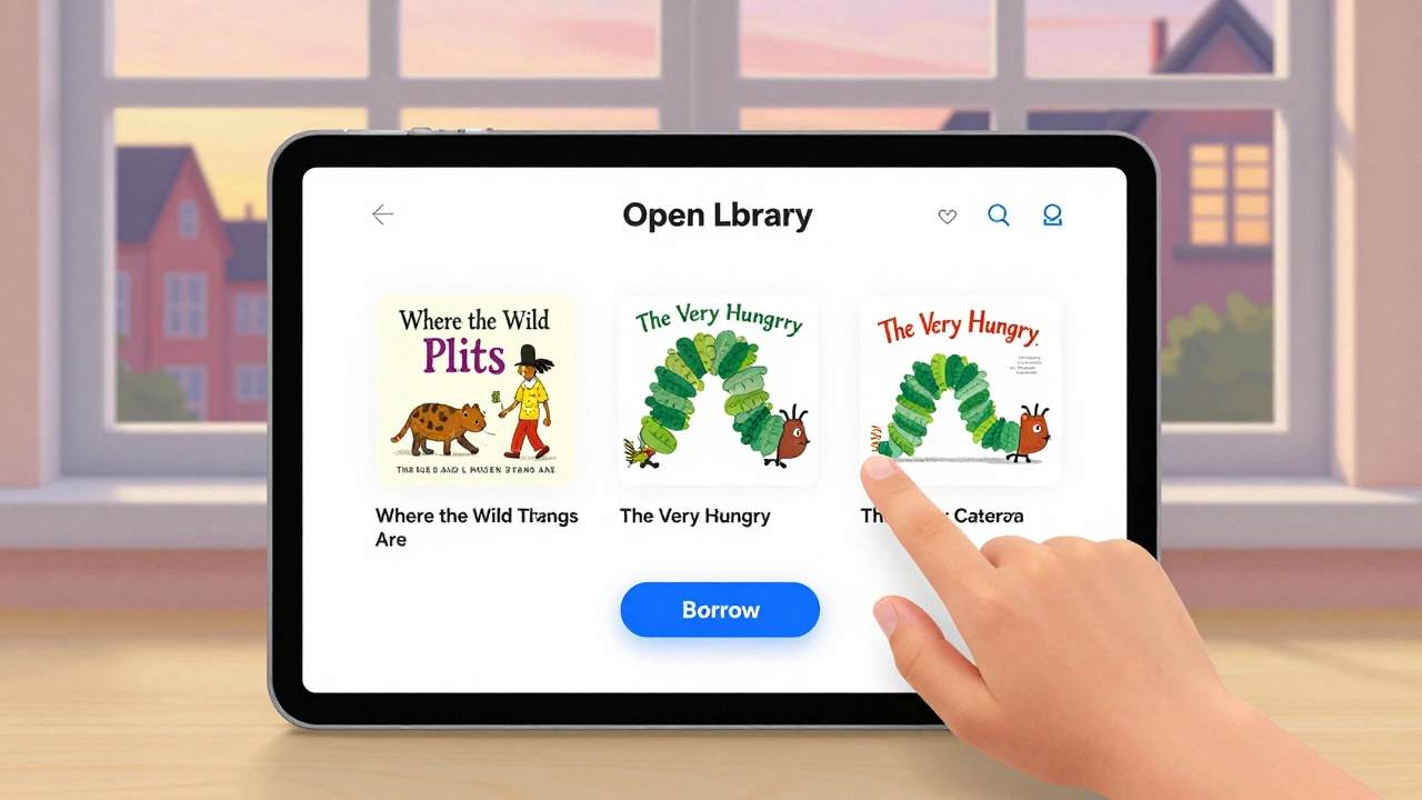 Tablet screen showing classic children&#039;s books available for free borrowing online.