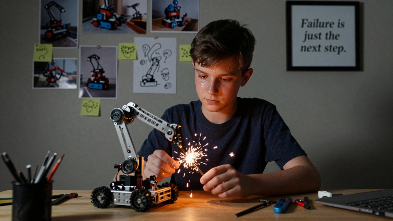 Teenager working persistently on a glitching robotics kit surrounded by tools and invention photos.