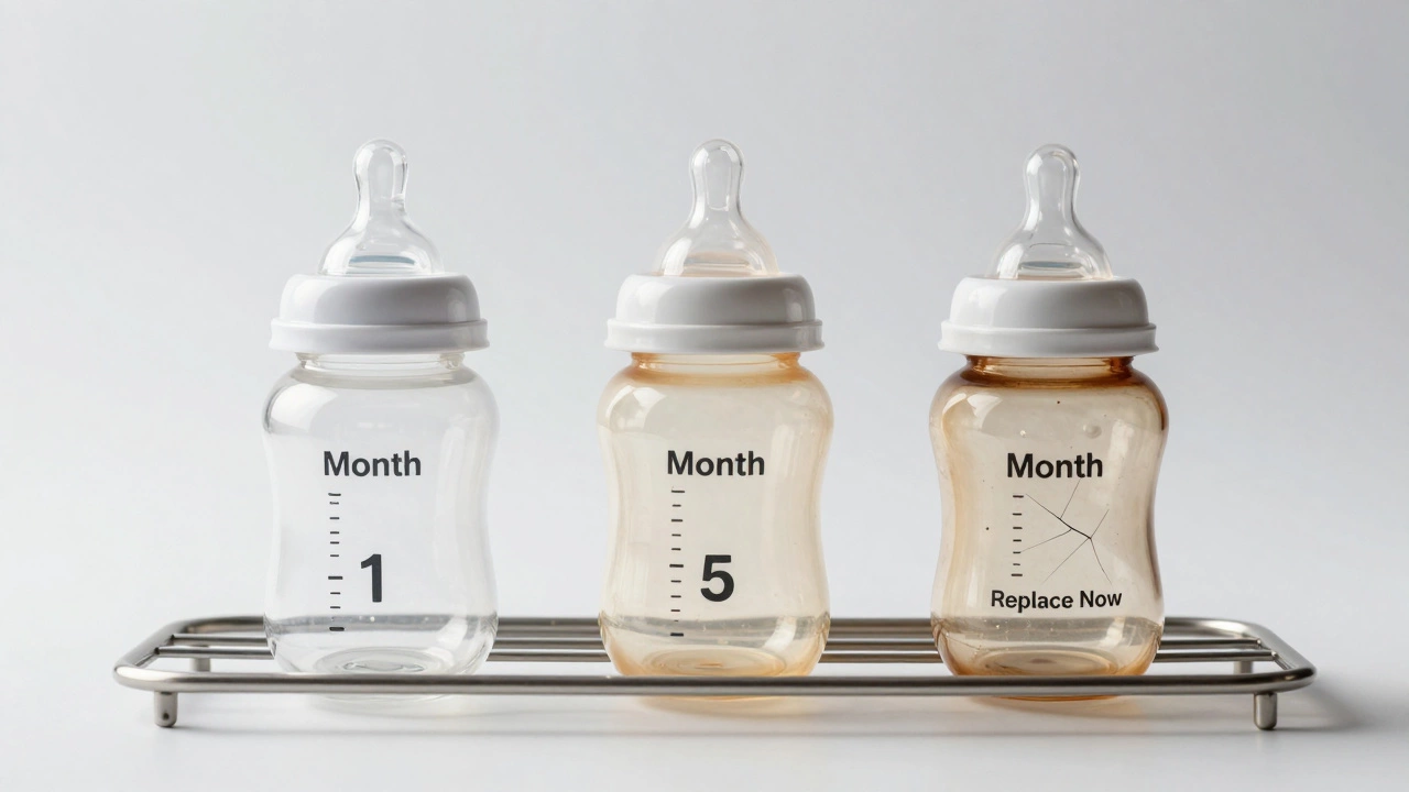 Three baby bottles in varying states of wear labeled by months, on a sterilizing rack with steam.