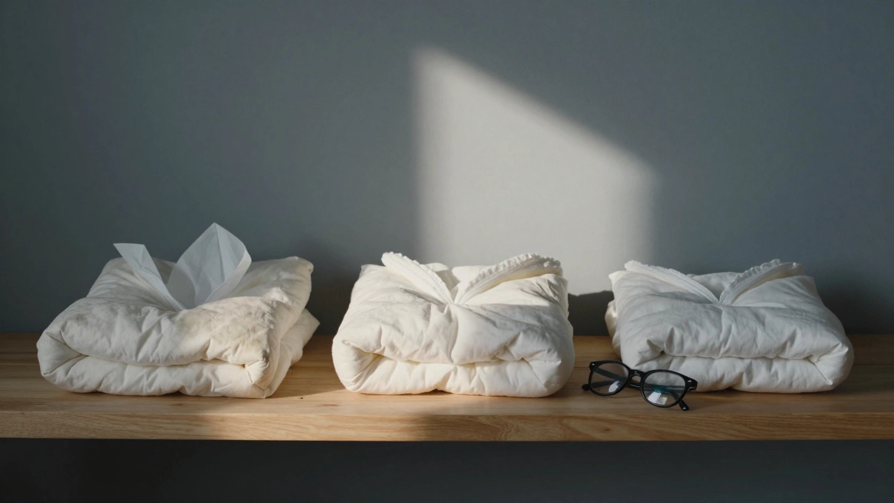 Three generations of the same baby blanket displayed on a shelf, each showing years of use and care.