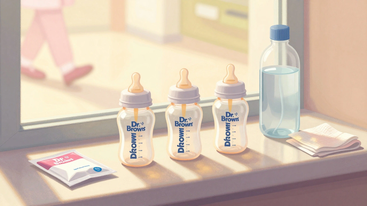 Three identical baby bottles on a hospital windowsill with formula, water, and burp cloths, warm lighting.