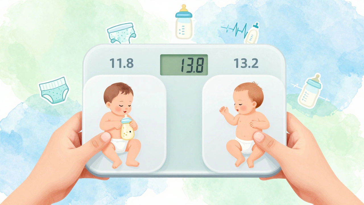 Two babies&#039; weights shown side by side with growth symbols, illustrating normal variation in infant development.