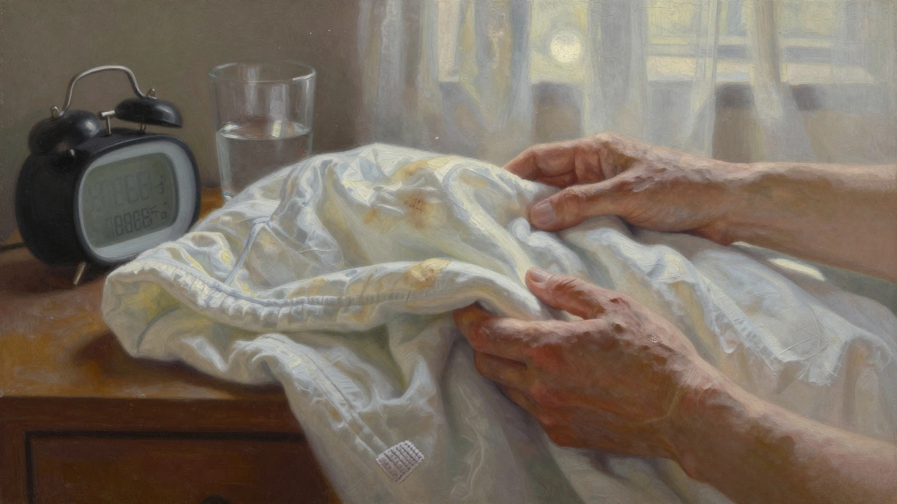 Weathered hands cradling a faded, patched baby blanket on a nightstand under moonlight.