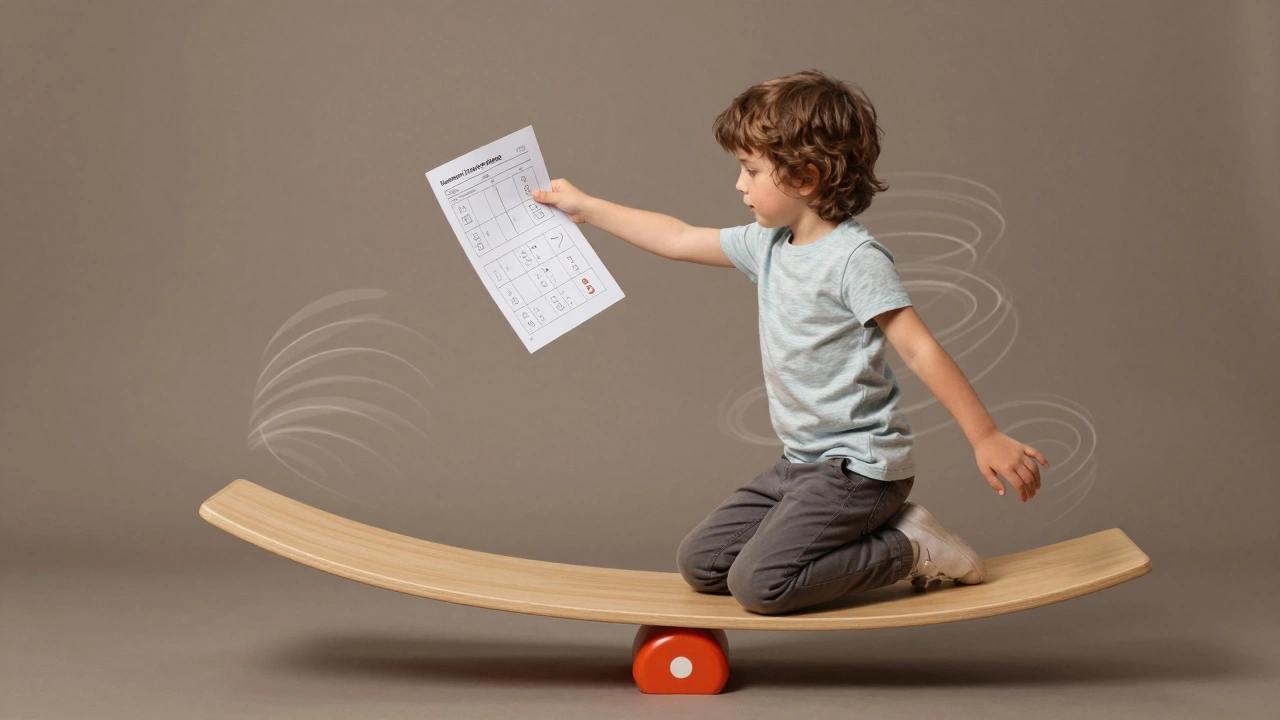 Child balancing on a weighted board while holding a math worksheet, gently wobbling.