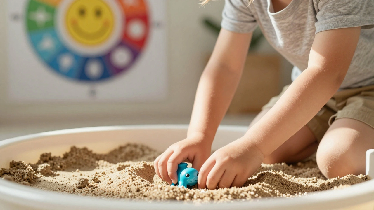Child digging through kinetic sand in a sensory bin, searching for a hidden toy, serene expression.