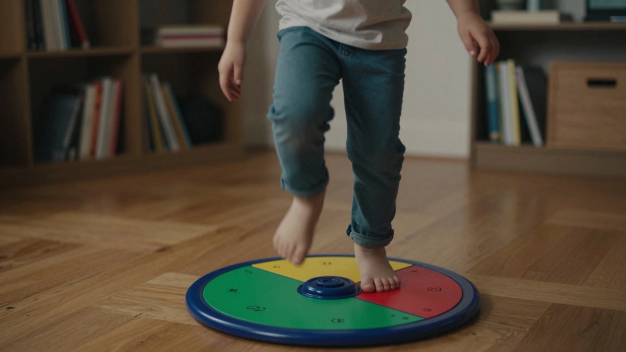 Child spinning a color-coded movement toy and hopping joyfully on one foot.
