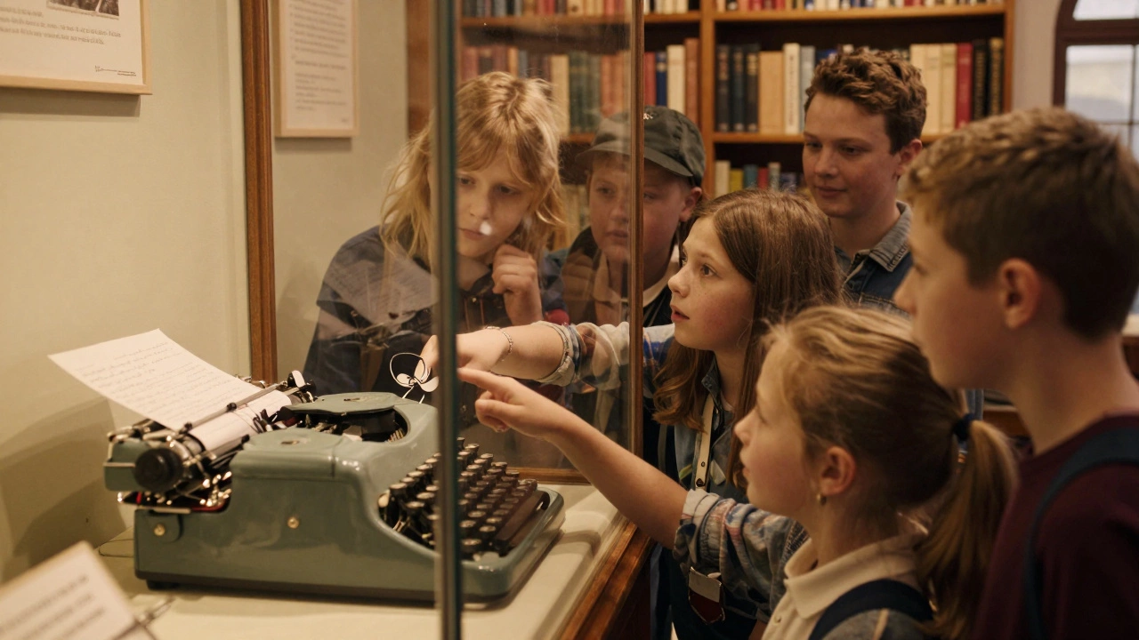 Children fascinated by Roald Dahl's typewriter and handwritten notes at his museum in England.