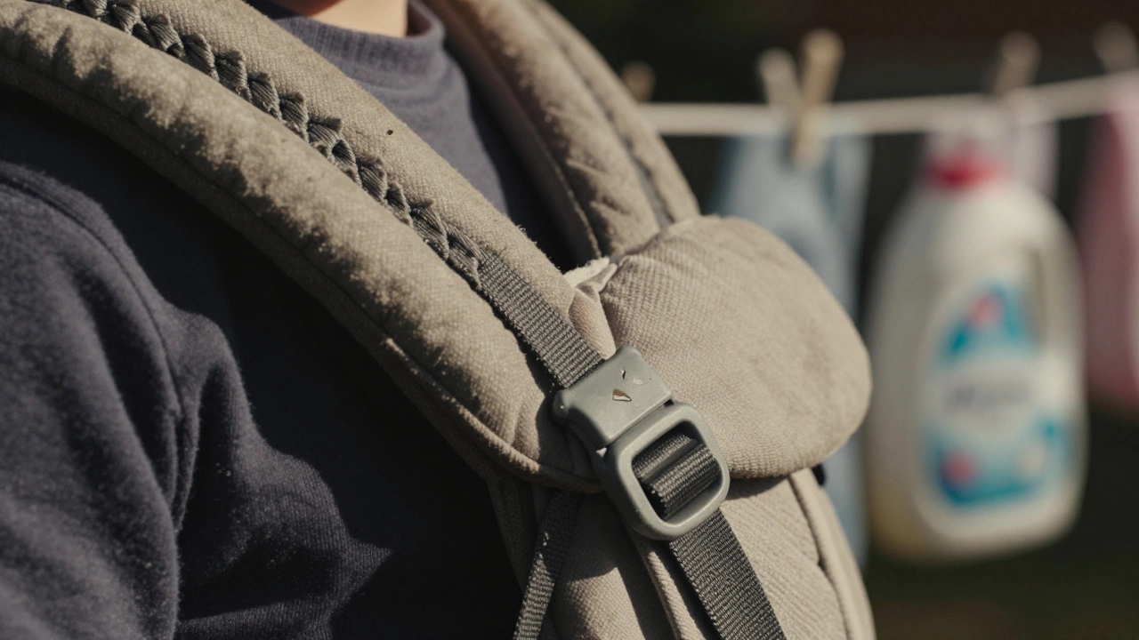 Close-up of a worn baby carrier with frayed stitching and stiff buckle showing signs of age