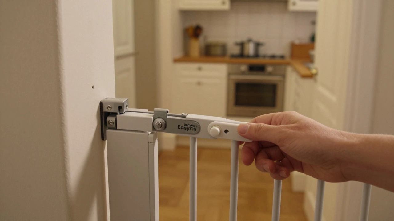 Close-up of adult pressing snap gate release button with wall brackets visible