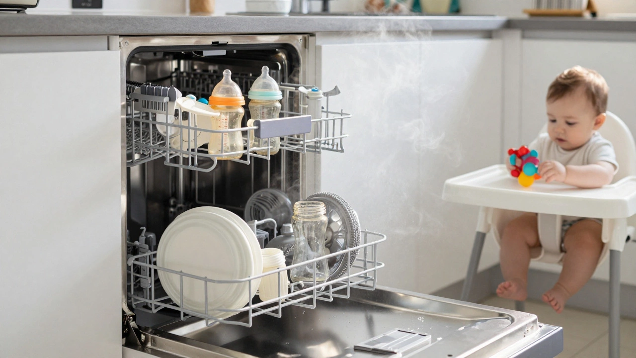 Dishwasher with baby bottles on top rack, steam rising, baby playing in high chair nearby.