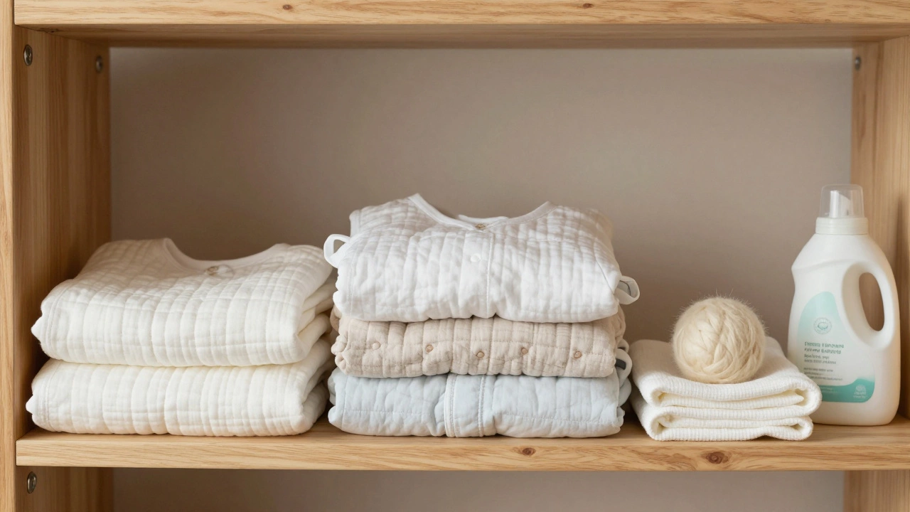 Organized stack of safe newborn blankets and laundry essentials on wooden shelf.