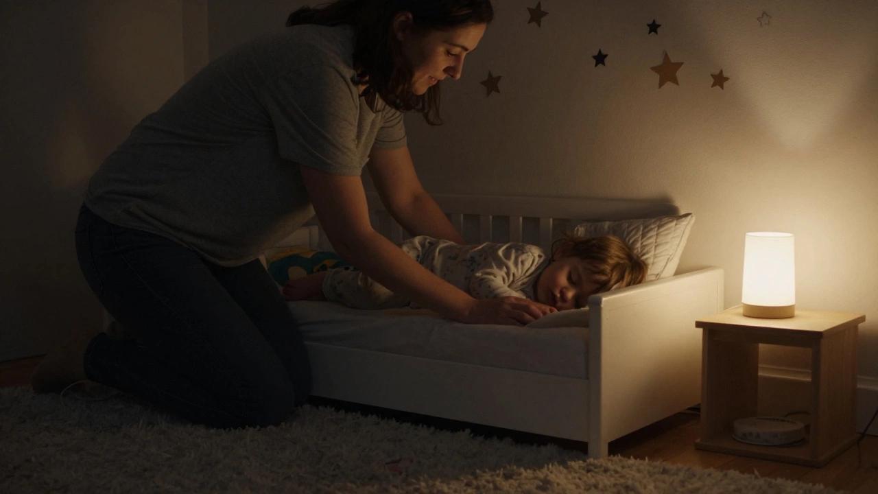 Parent comforting child back in bed at night with soft lighting
