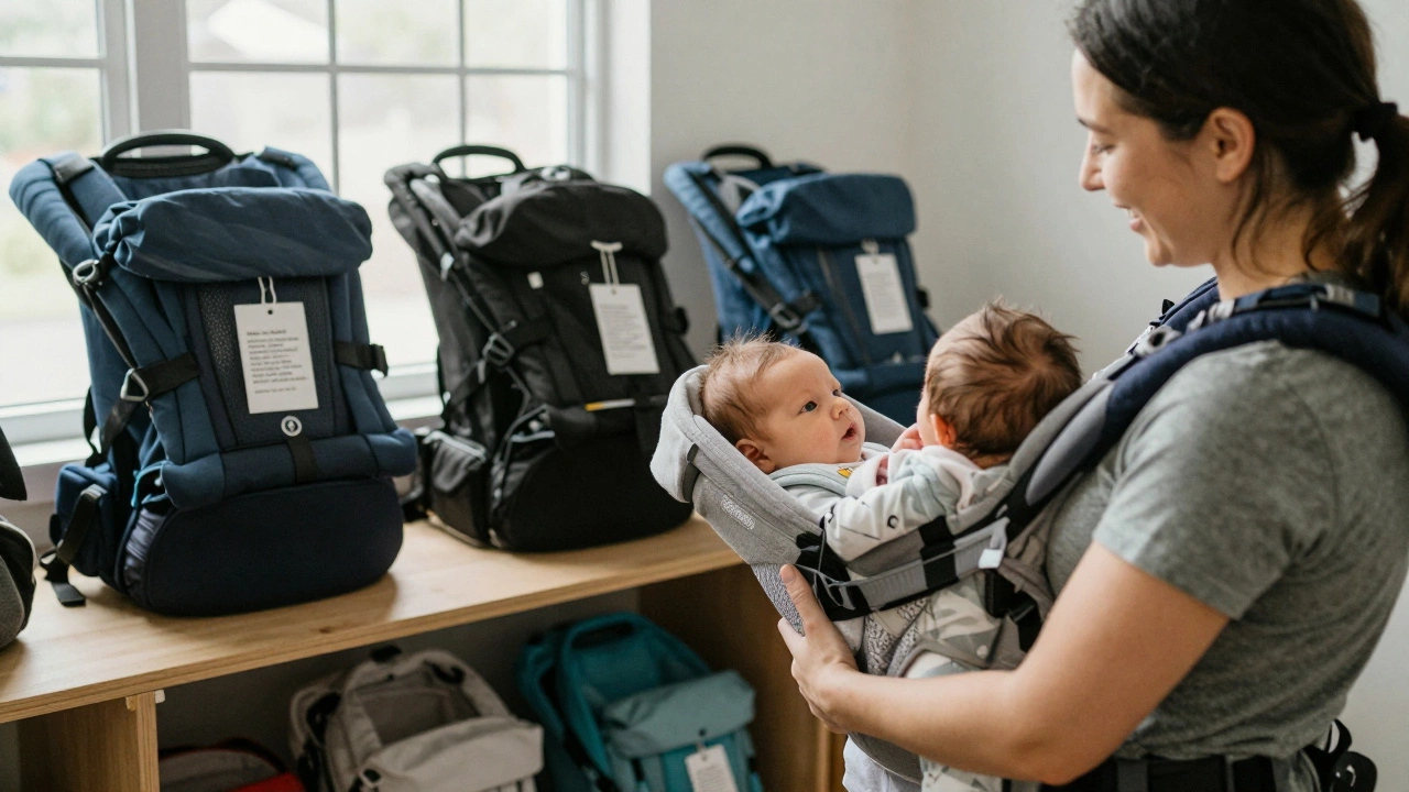 Parent donating a used baby carrier to a parenting shelter with volunteer accepting it