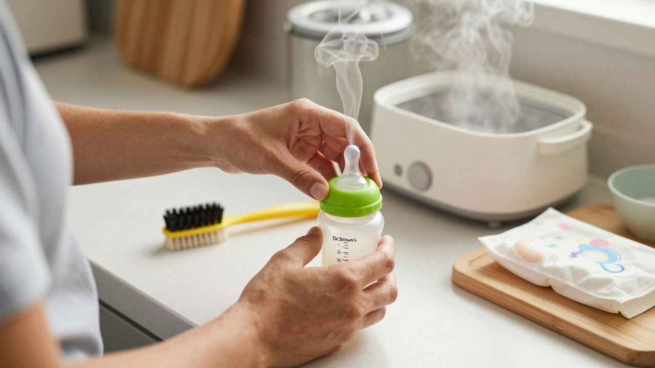 Parent holding green silicone vent from Dr. Brown's bottle while cleaning it on a kitchen counter.