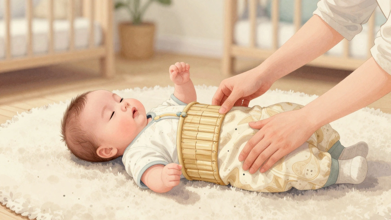 Parent putting a bamboo sleep sack on baby who is starting to move arms freely.