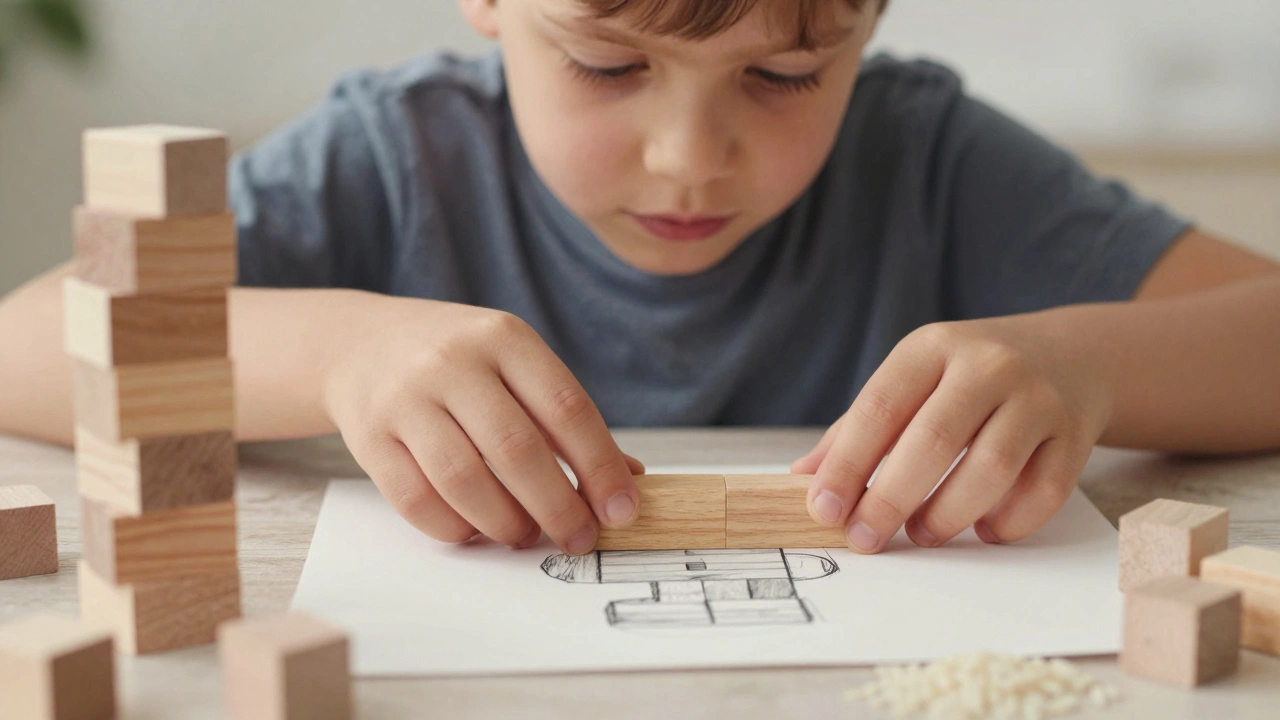 Small hands building with wooden blocks beside a pencil sketch, calm and focused expression.